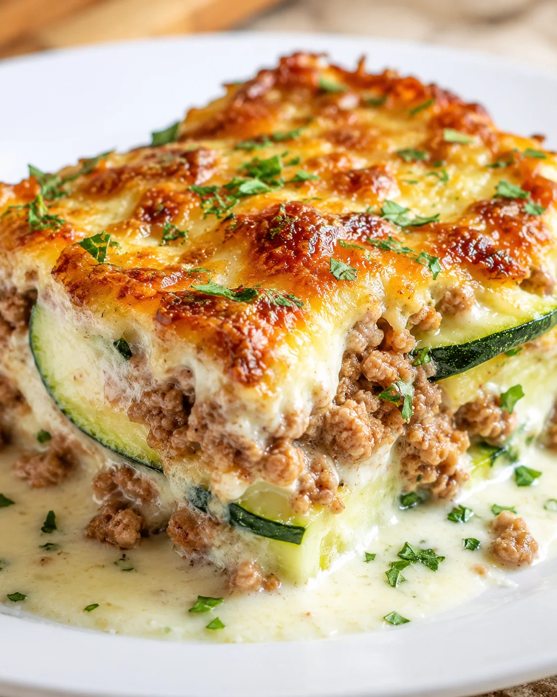 slice of creamy zucchini lasagna with melted cheese on a white plate