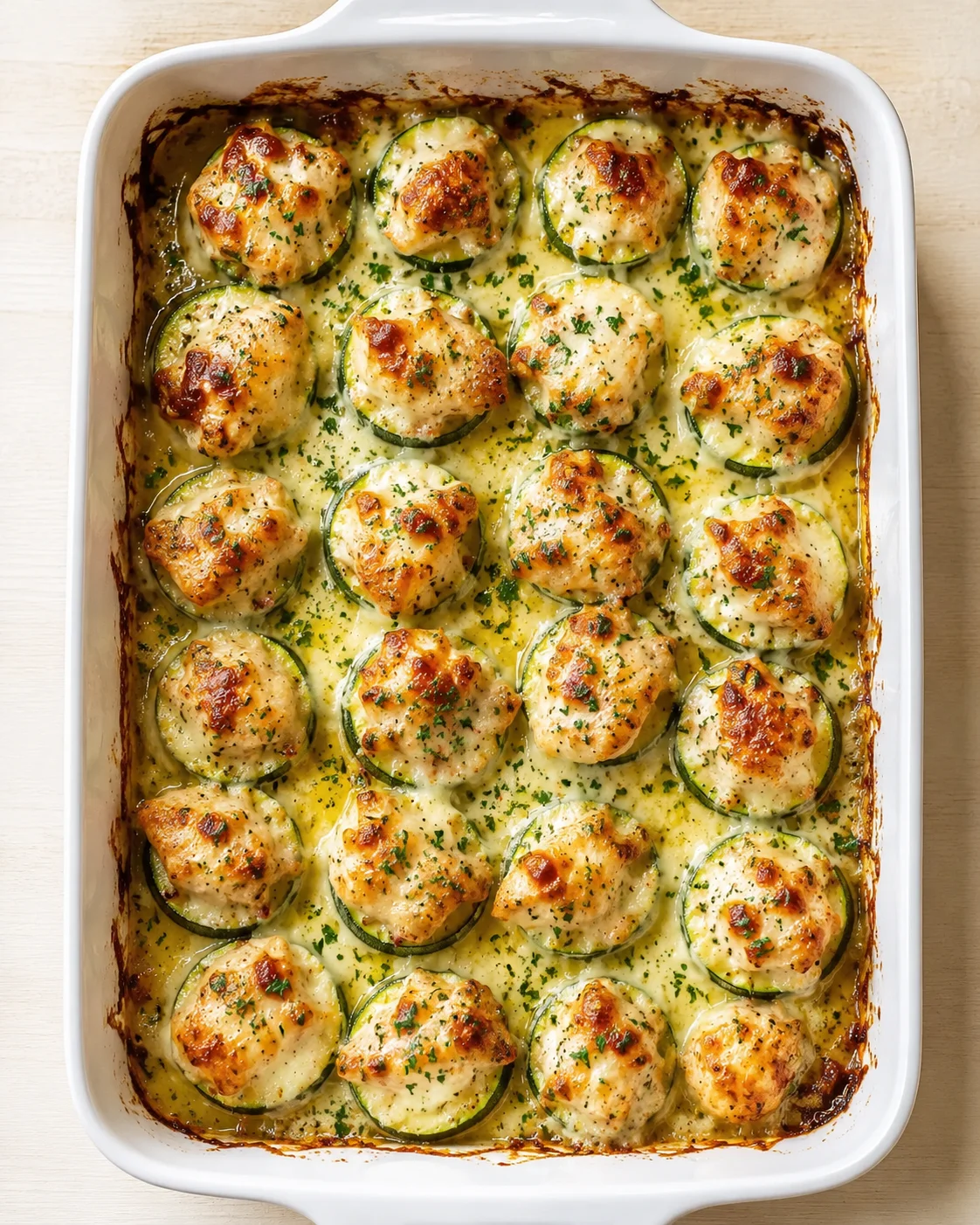 white baking dish with zucchini rounds topped with browned chicken meatballs in creamy sauce, garnished with parsley