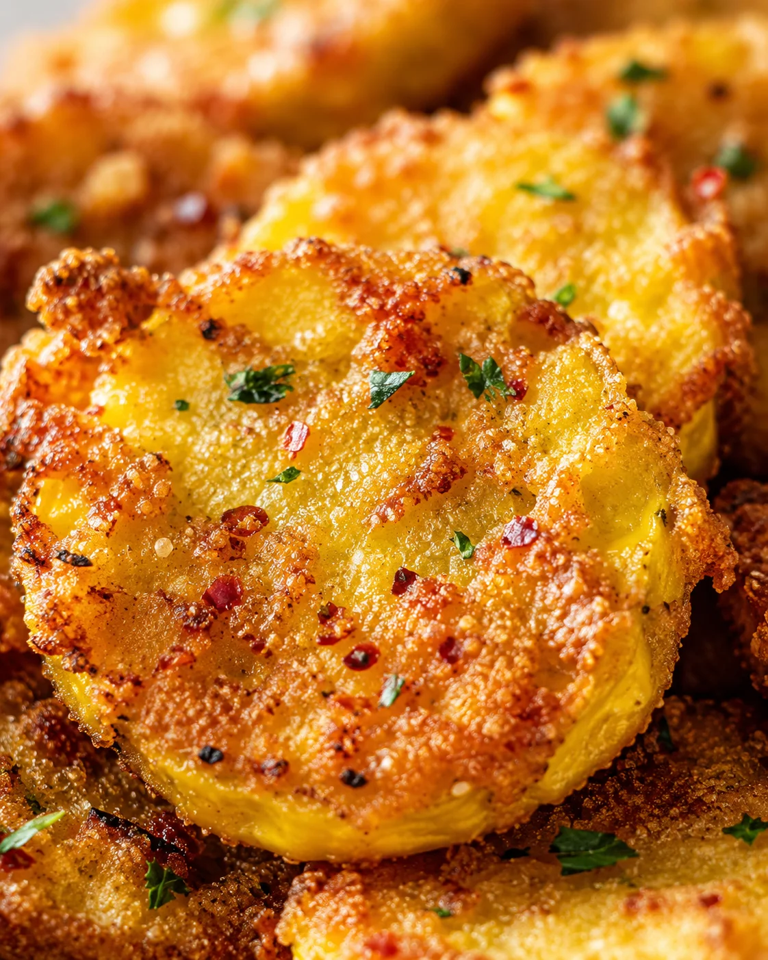 Golden crispy potato rounds with breadcrumb crust, sprinkled with parsley and red pepper flakes.