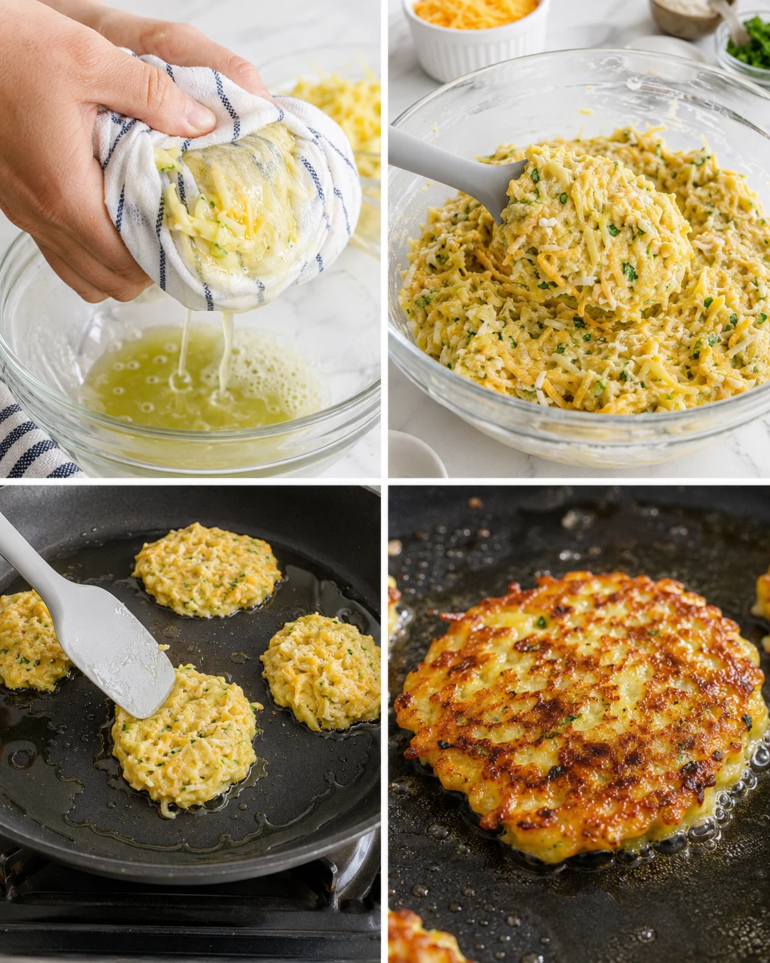 four-panel collage showing squeezing moisture from shredded potatoes, mixing with cheese and herbs, and browning potato patties.