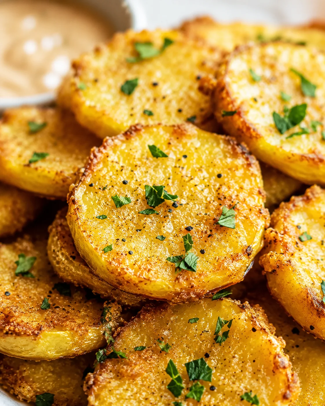 golden crispy roasted potato coins garnished with chopped parsley on a blurred background