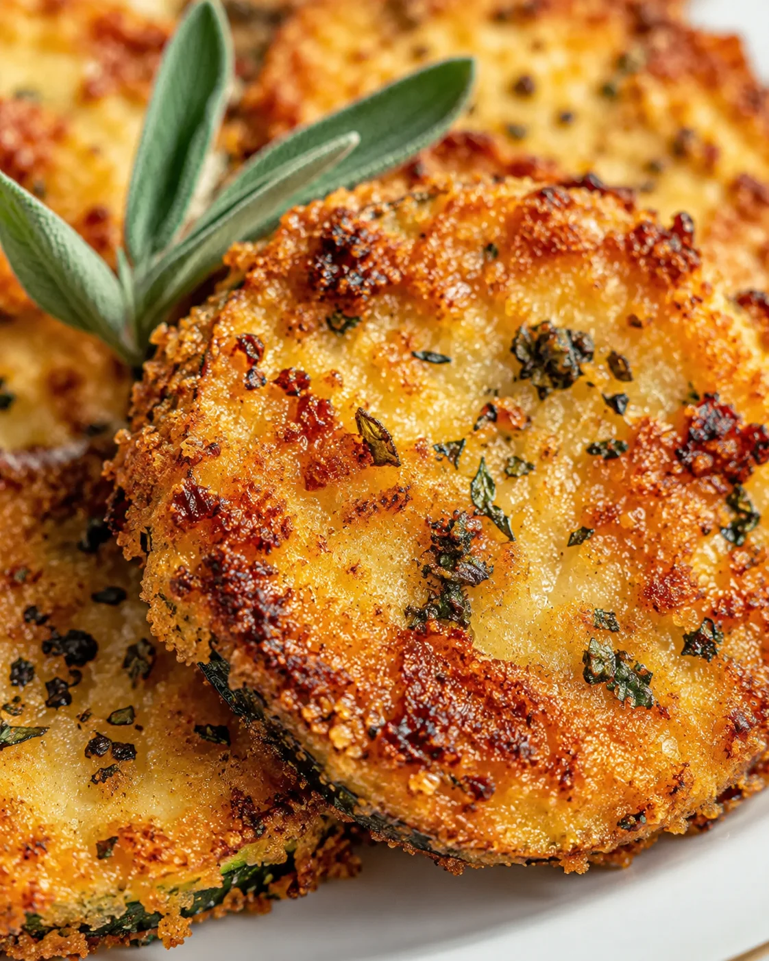 Close-up of golden-brown crispy herb-crusted croquettes with sage leaves
