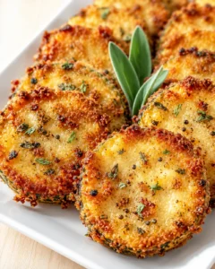 golden-brown breadcrumb-crusted round slices on a white dish, garnished with fresh sage