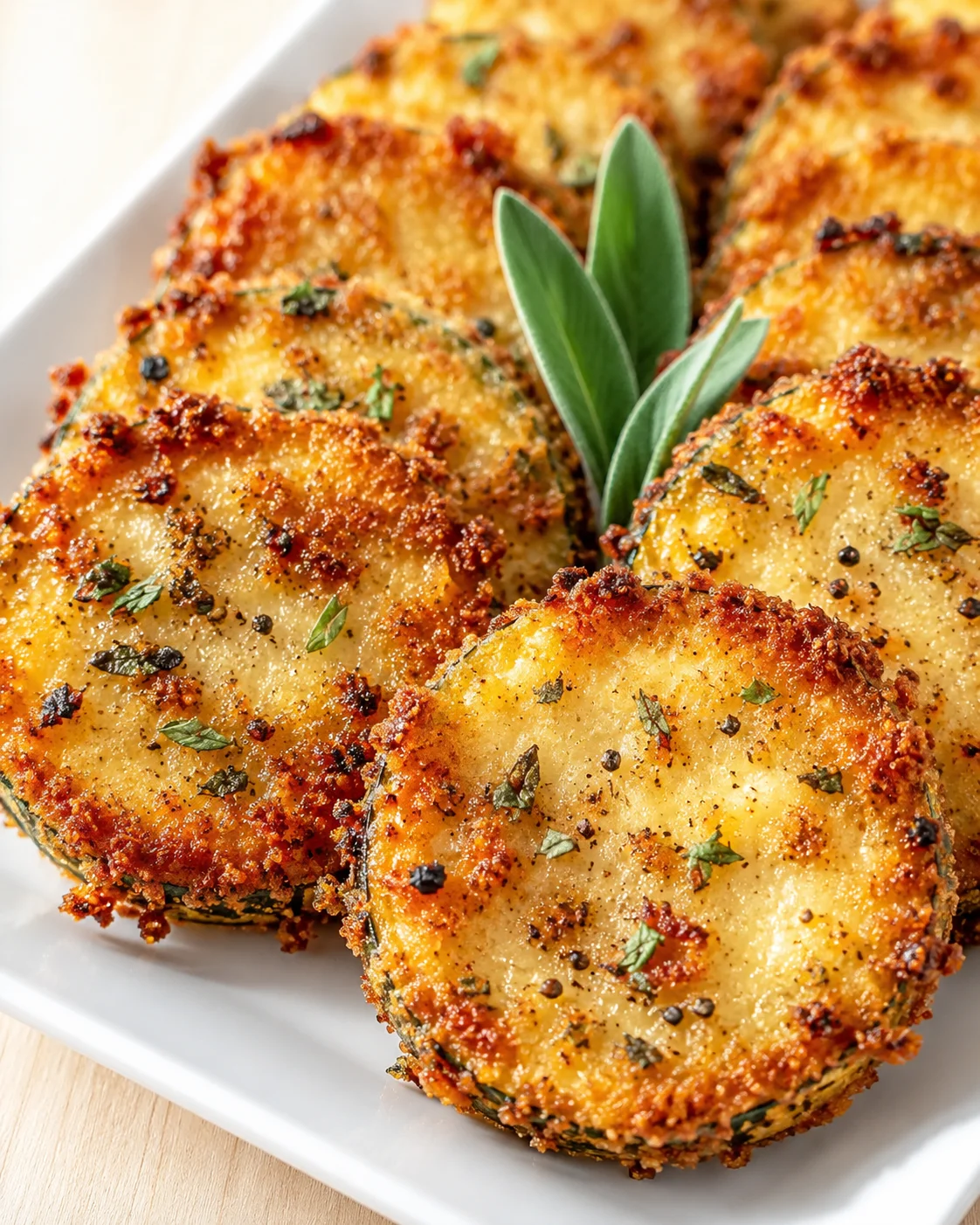 golden-brown breadcrumb-crusted round slices on a white dish, garnished with fresh sage