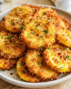 Golden-brown crispy potato rounds with breadcrumb crust and parsley on a white plate
