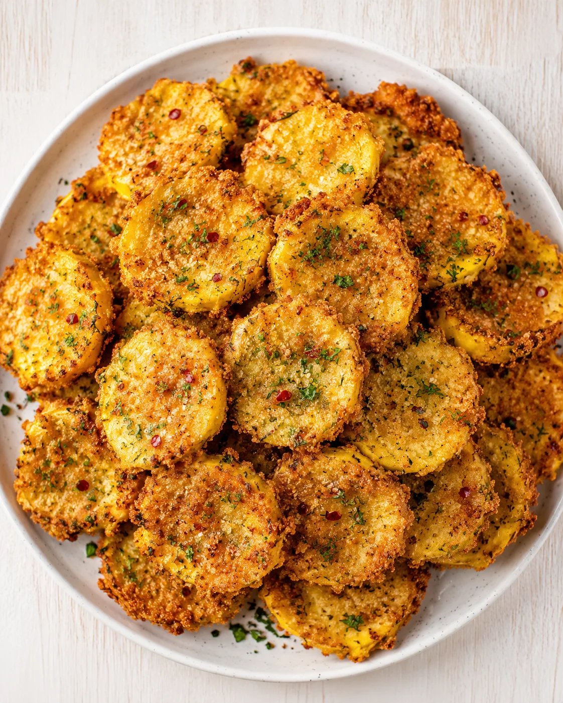 Golden crispy potato croquettes piled on a white speckled plate, garnished with parsley.
