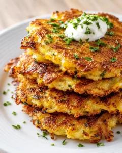 Stack of golden-brown potato pancakes topped with sour cream and parsley on a white plate.