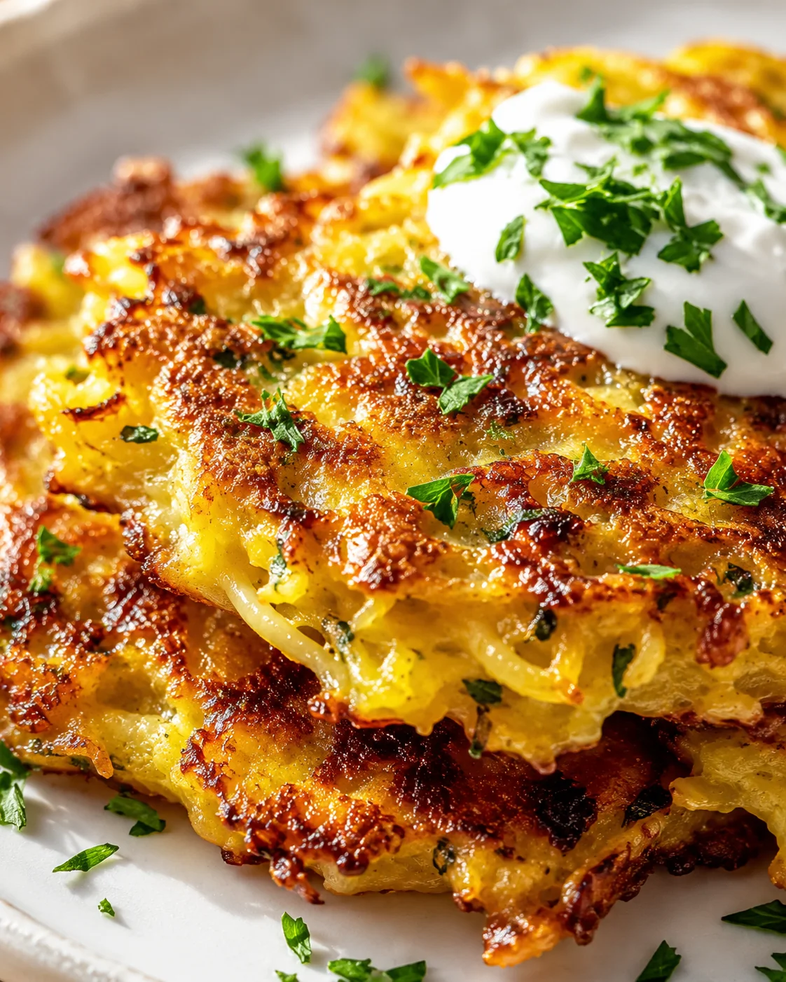 Close-up of crispy golden potato pancakes topped with sour cream and chopped parsley.