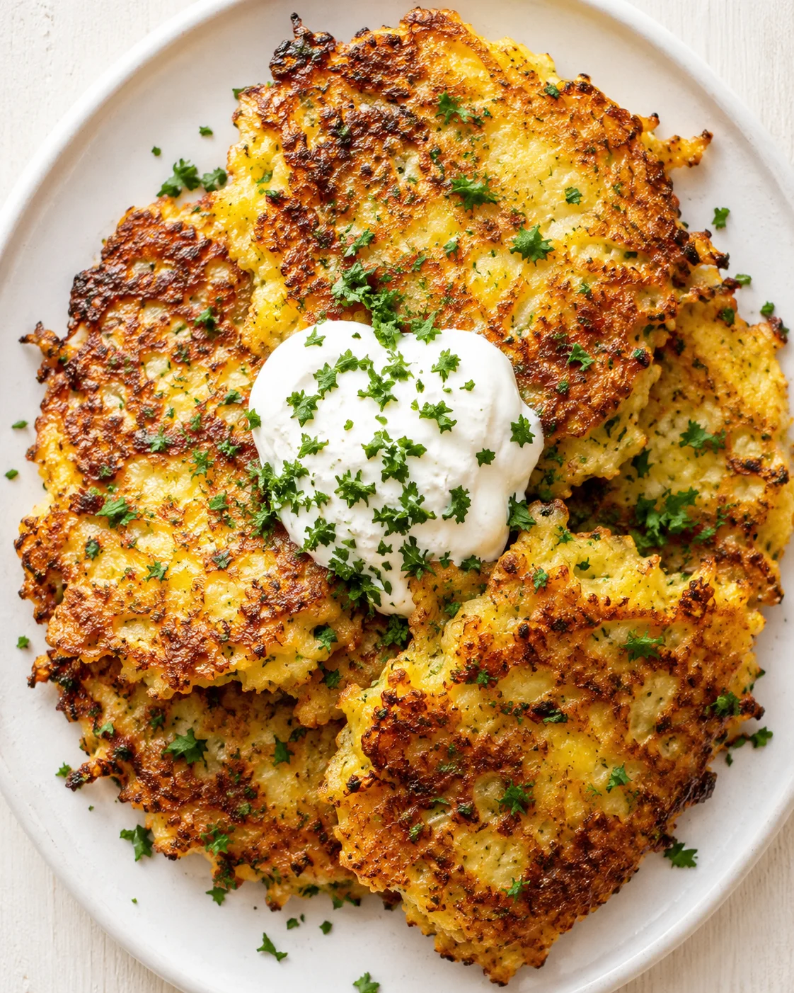 Crispy potato pancakes on a white plate, topped with sour cream and sprinkled with chopped parsley