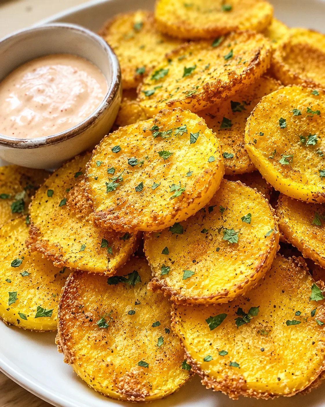 Golden crispy potato rounds on a white plate, garnished with parsley, with a creamy dipping sauce.