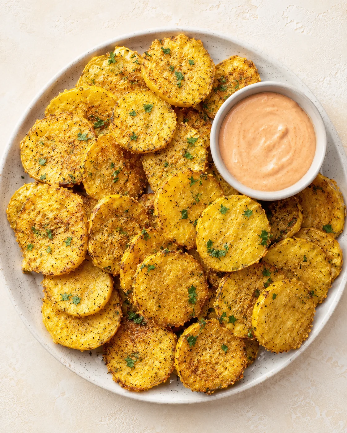 A white speckled plate piled with crispy potato rounds and a small bowl of creamy dipping sauce.