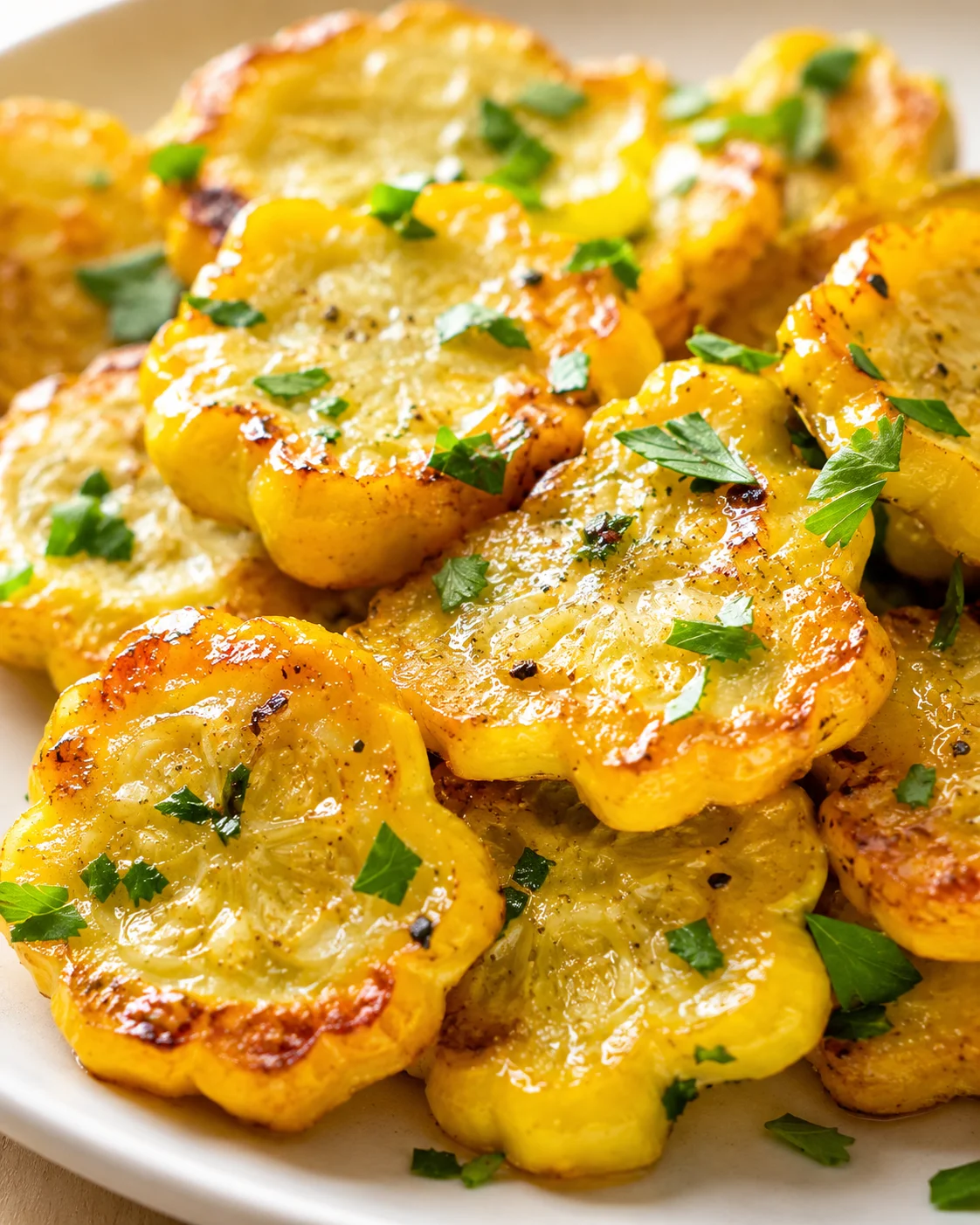 Close-up of crispy, golden roasted potato coins garnished with parsley on a white plate.