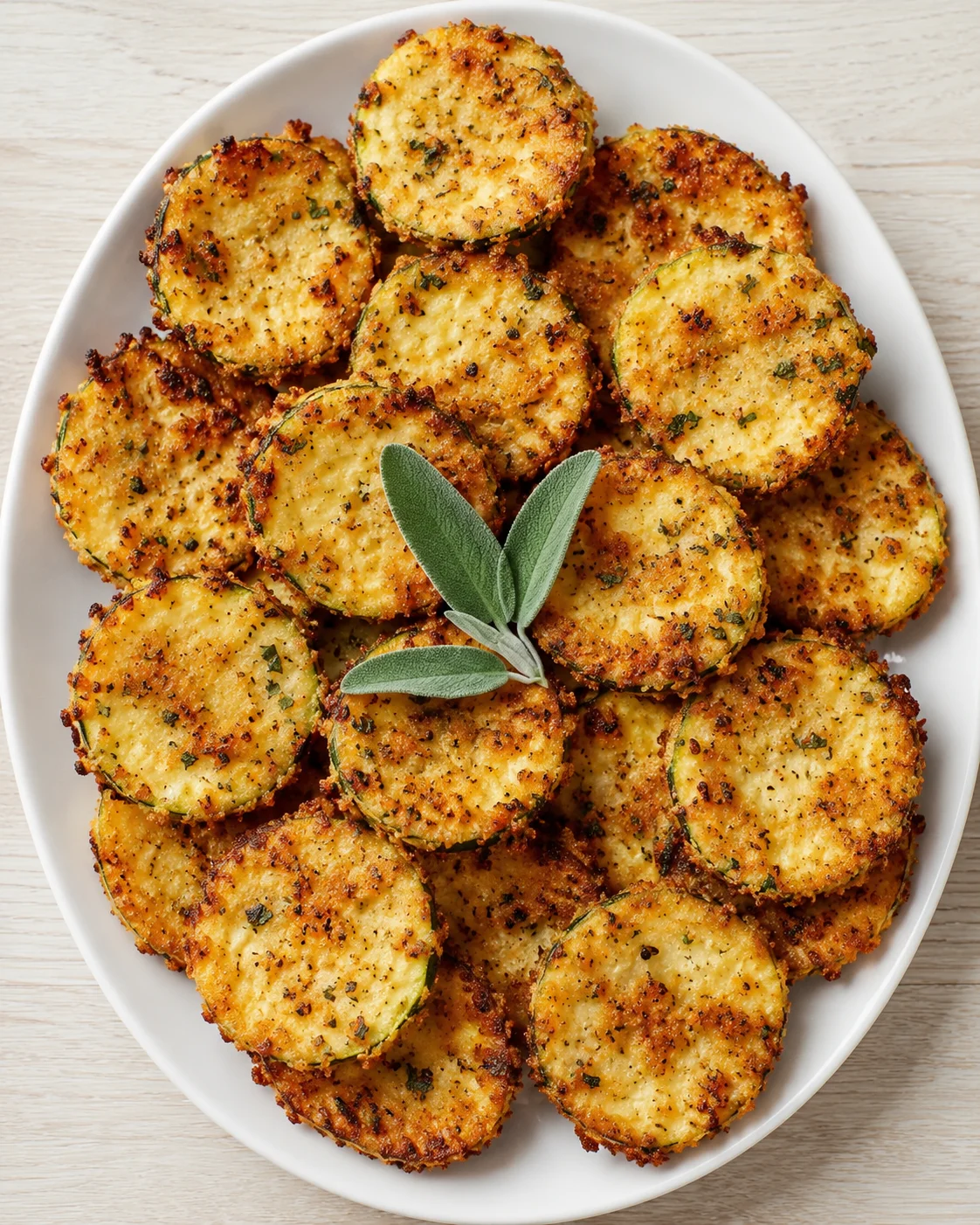 Golden-brown fried zucchini rounds on a white platter, garnished with fresh sage.