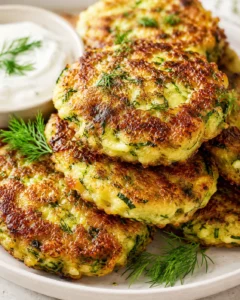 Stack of crispy zucchini dill fritters with dill garnish and creamy dipping sauce