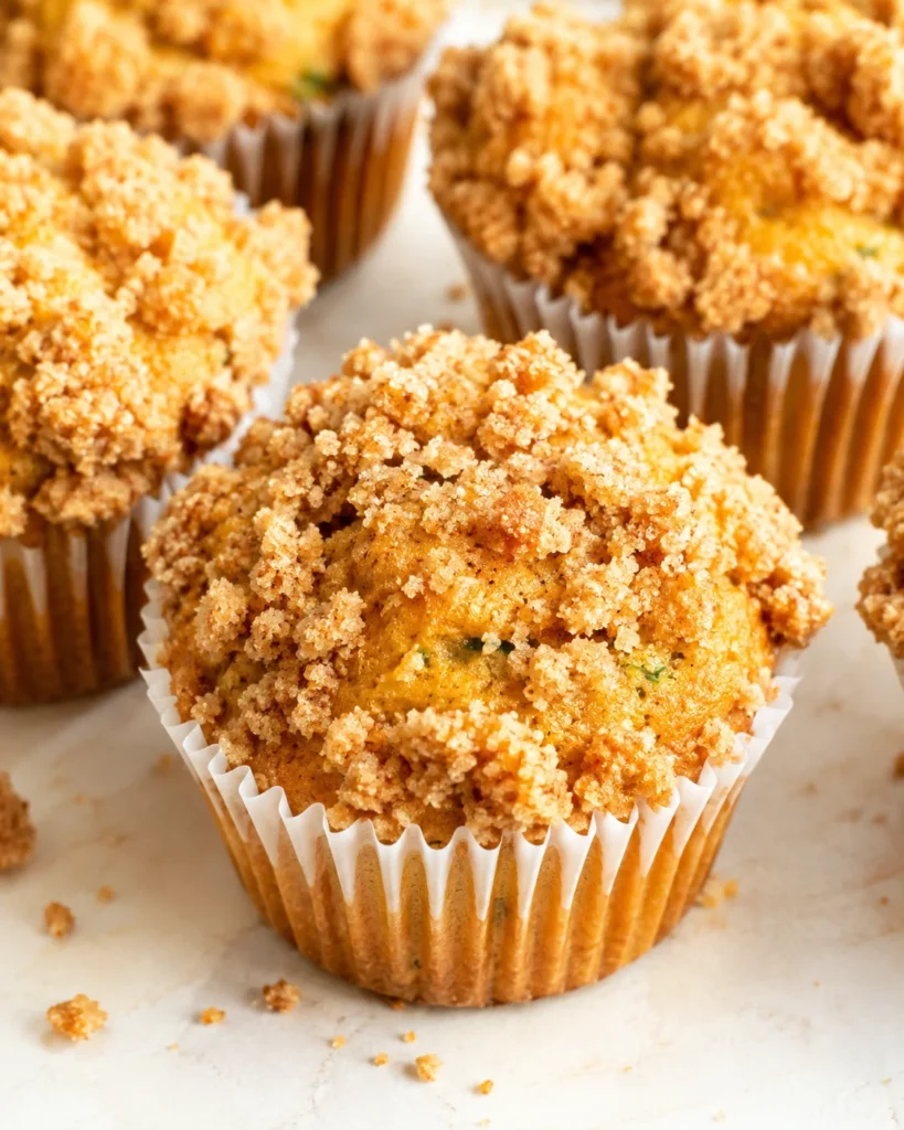 Close-up of golden crumb-topped muffins in white paper cups on a light marble surface