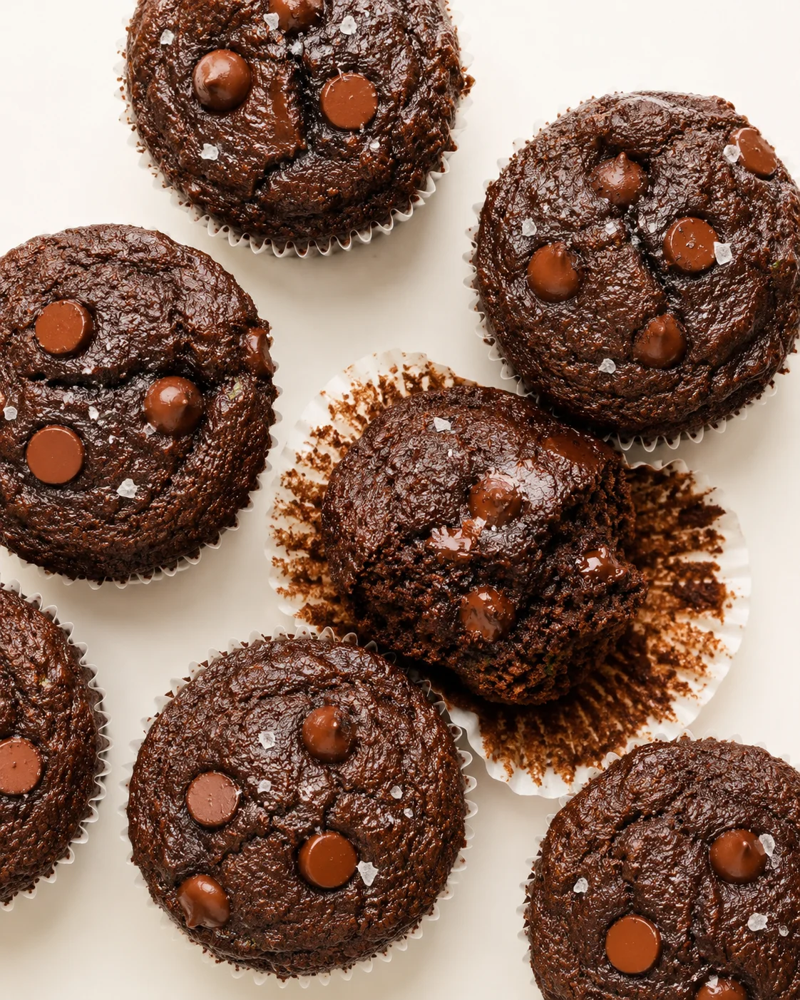 Overhead shot of rich chocolate muffins with chips on white liners against a light background.