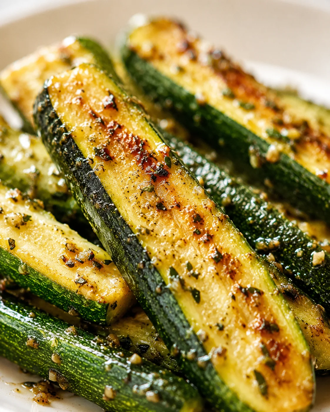 Close-up of roasted zucchini spears with browned edges, herbs, and flaky salt on a light plate.