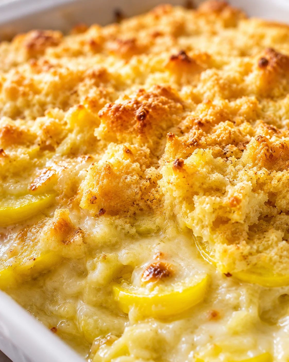 close-up of a bubbling cheesy casserole with a golden crumb topping and lemon slices visible