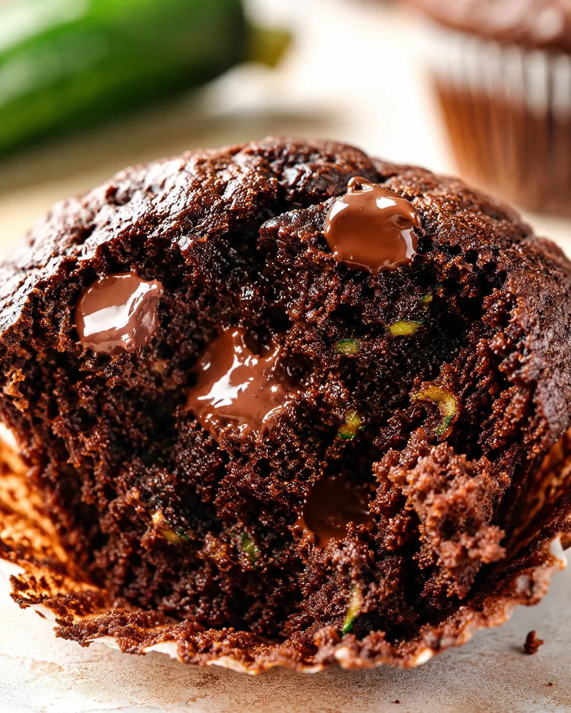 close-up of a gooey chocolate muffin cross-section with melted chocolate and green pistachio bits