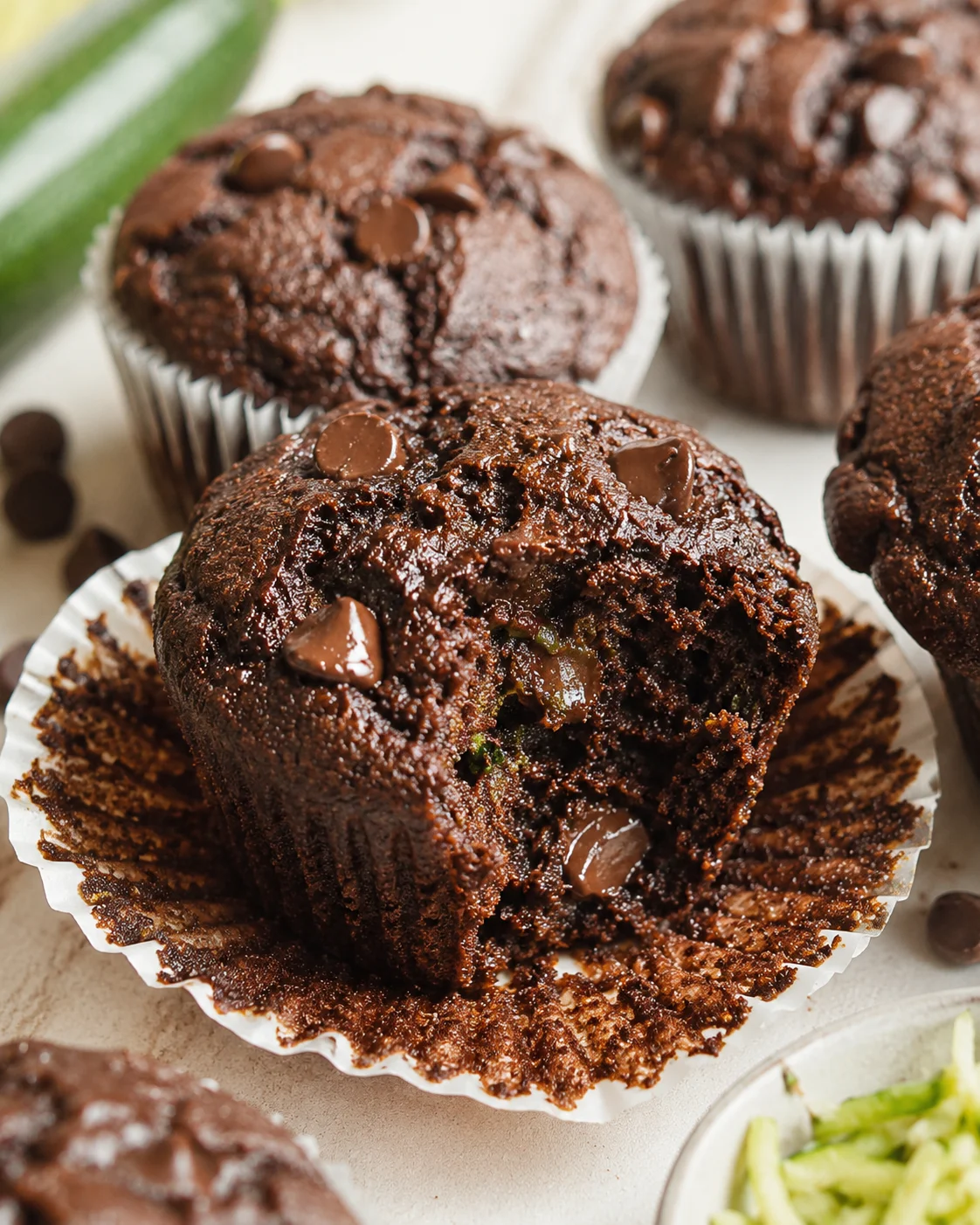 Close-up of bitten chocolate muffin with melted chips in a silver liner.