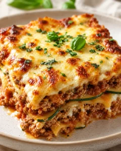 Close-up of bubbly cheese-topped lasagna with meat sauce and herbs on a beige plate.