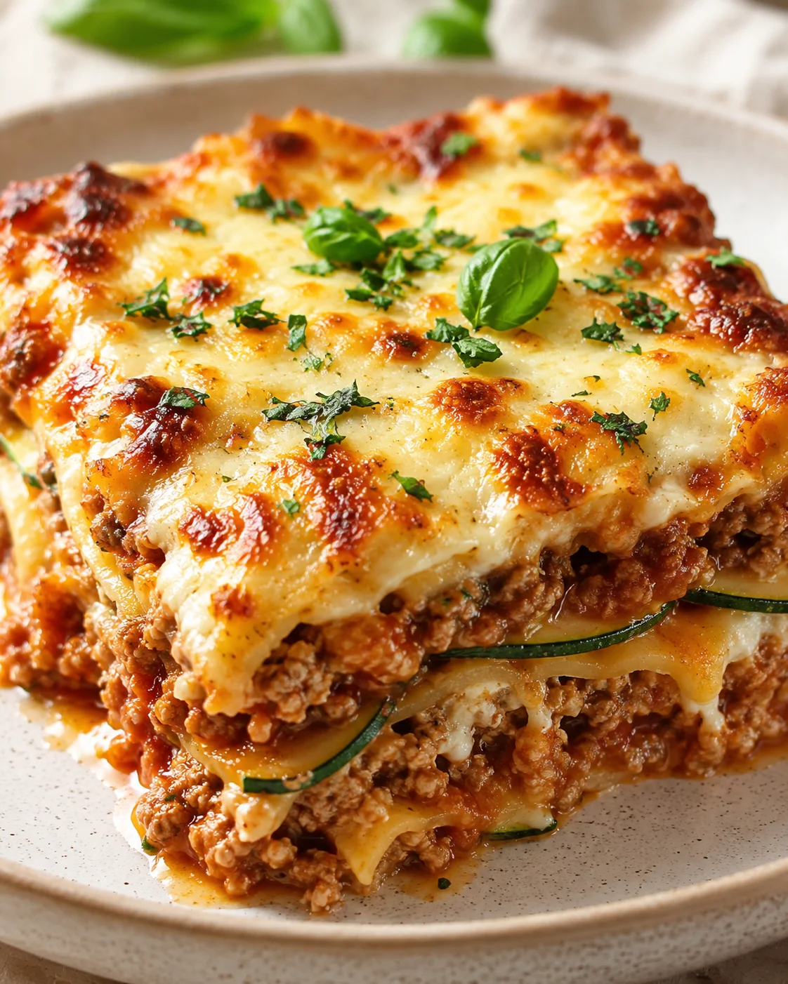 Close-up of bubbly cheese-topped lasagna with meat sauce and herbs on a beige plate.