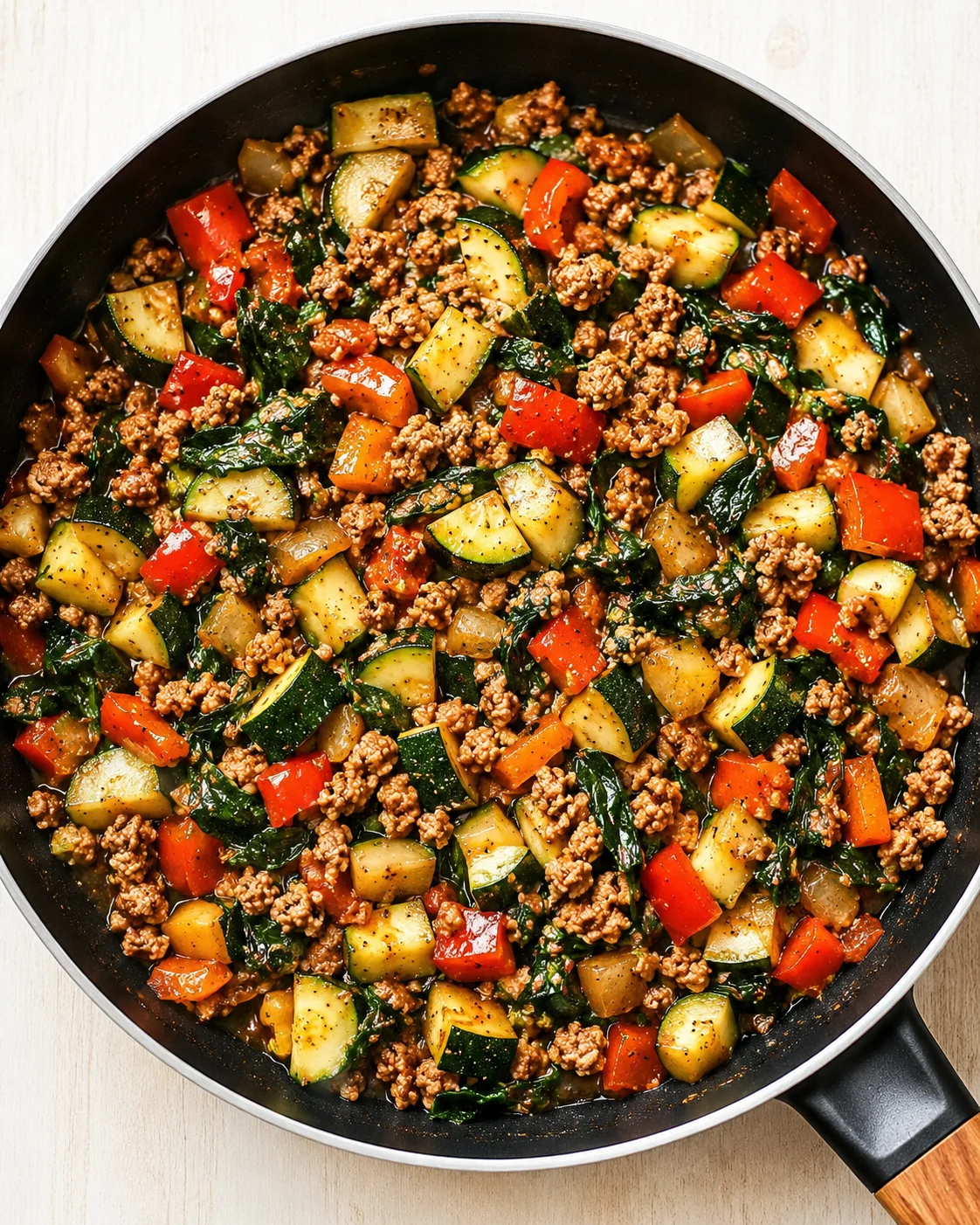 A colorful skillet meal with browned ground beef, zucchini, red peppers, and greens.