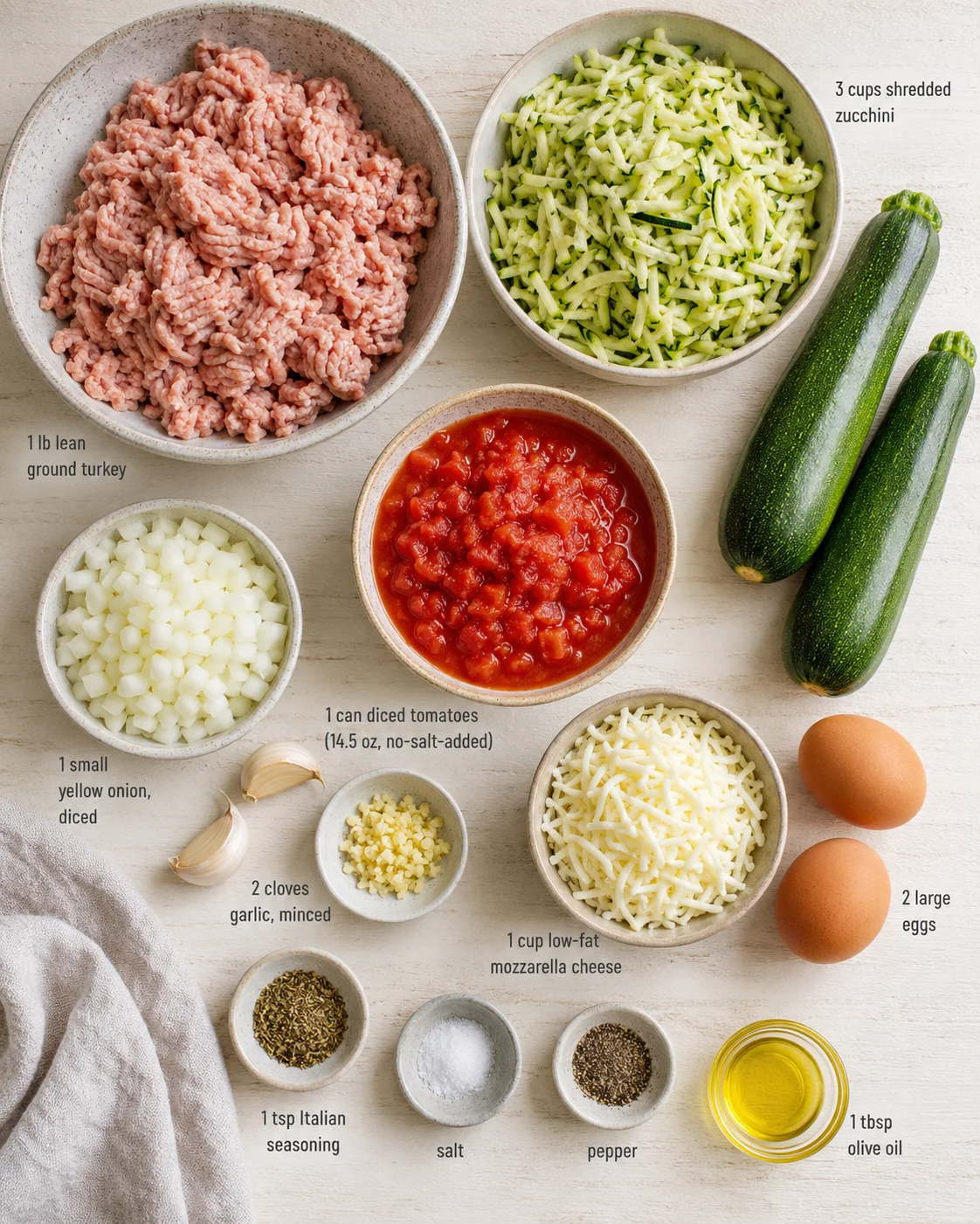 top-down view of ingredient bowls for a turkey-zucchini dish with labeled quantities