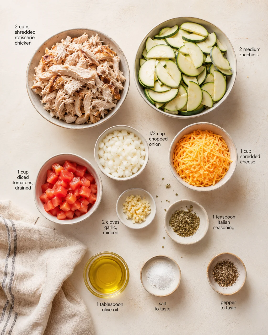 Overhead view of bowls with shredded chicken, zucchini slices, cheese, tomatoes, onions, and seasonings.