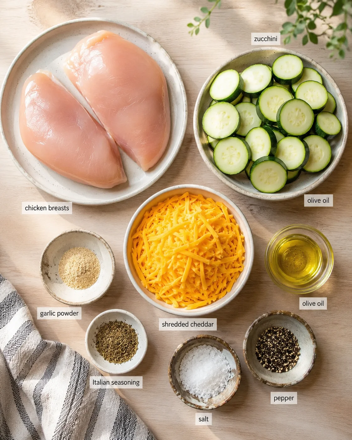 assorted raw ingredients arranged on a wooden surface, including chicken breasts, zucchini, shredded cheddar, and spices