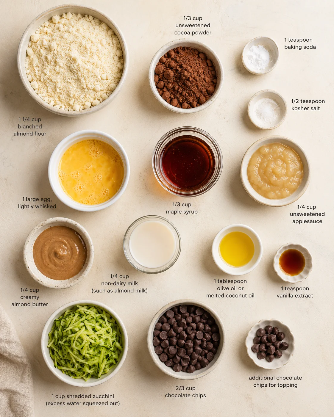 Top-down view of a beige countertop with bowls of almond flour, cocoa powder, eggs, milk, zucchini, and chips.