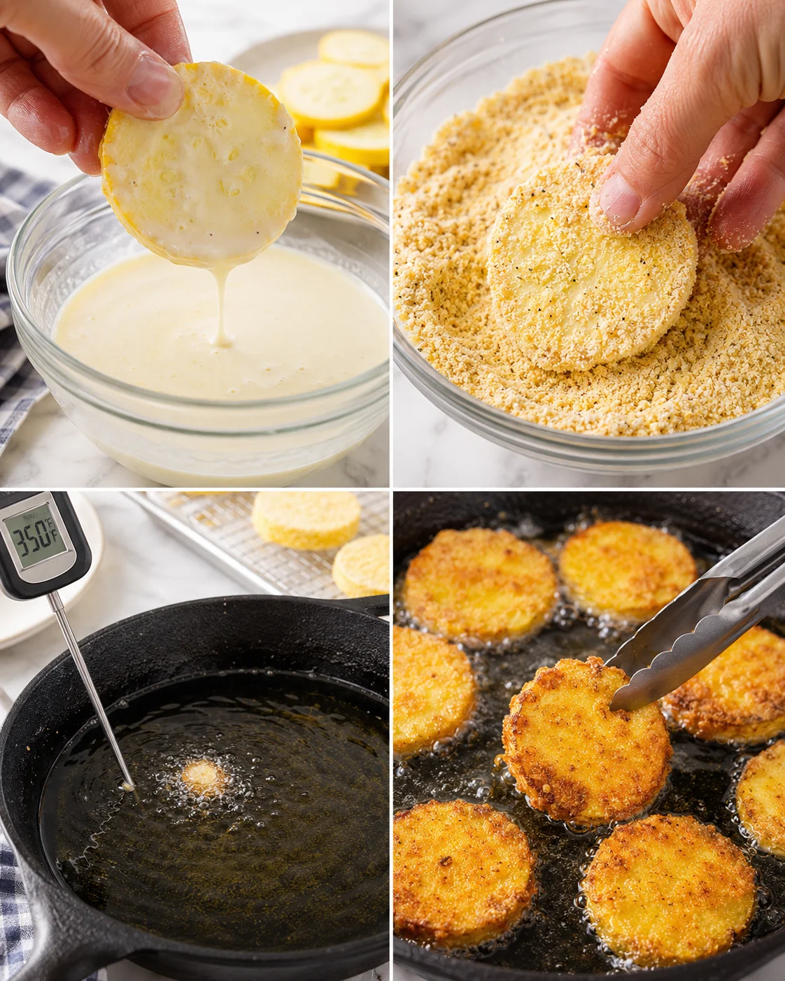 Collage showing dipping into batter, breadcrumb coating, and frying lemon croquettes in hot oil.