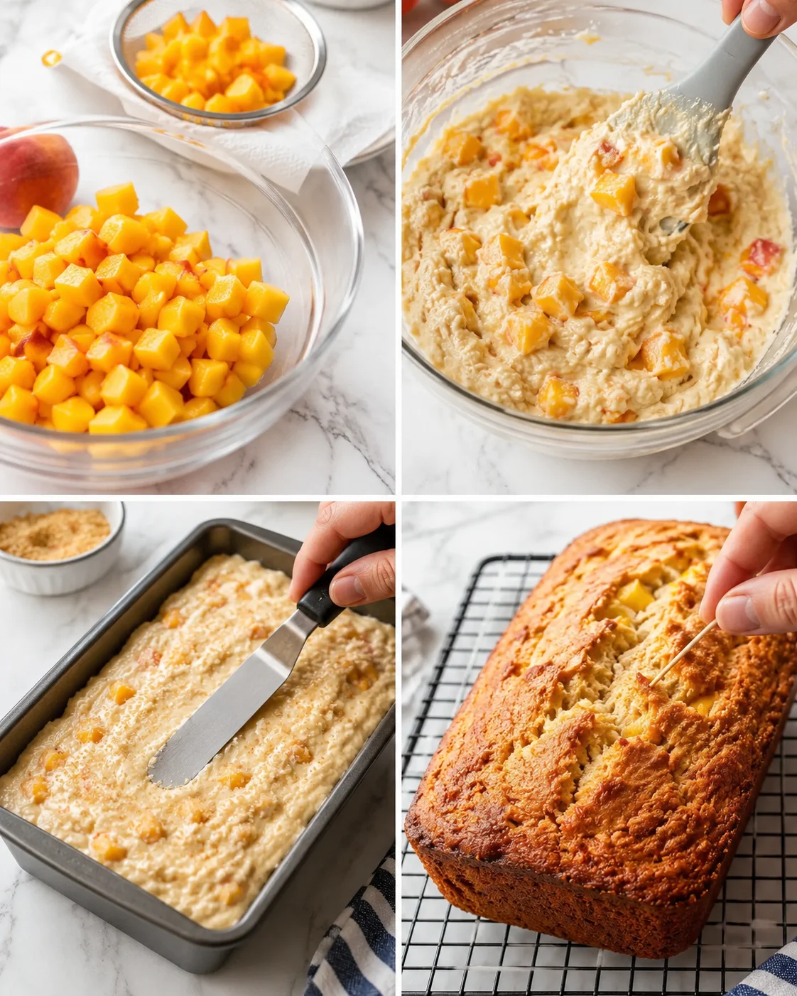 collage showing mango bread preparation: chopped mango, batter mixing, loaf in pan, baked loaf cooling