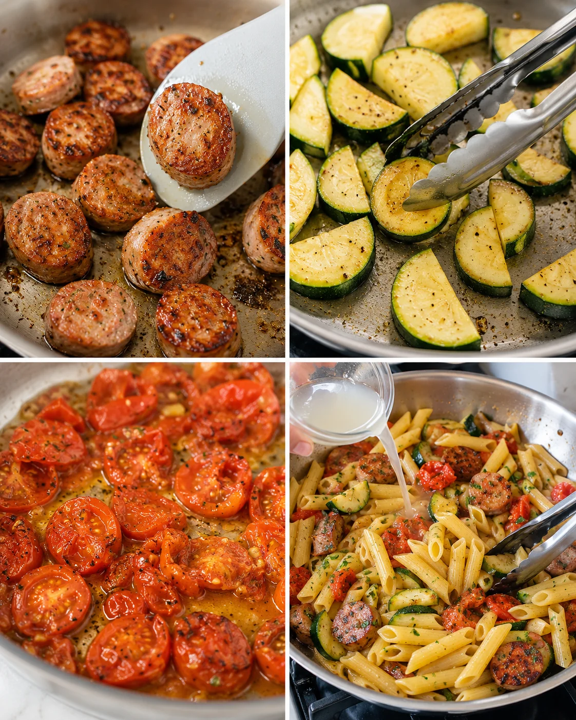 Collage of four cooking steps: seared sausage rounds, grilled zucchini, tomatoes in sauce, and pasta with sausage.