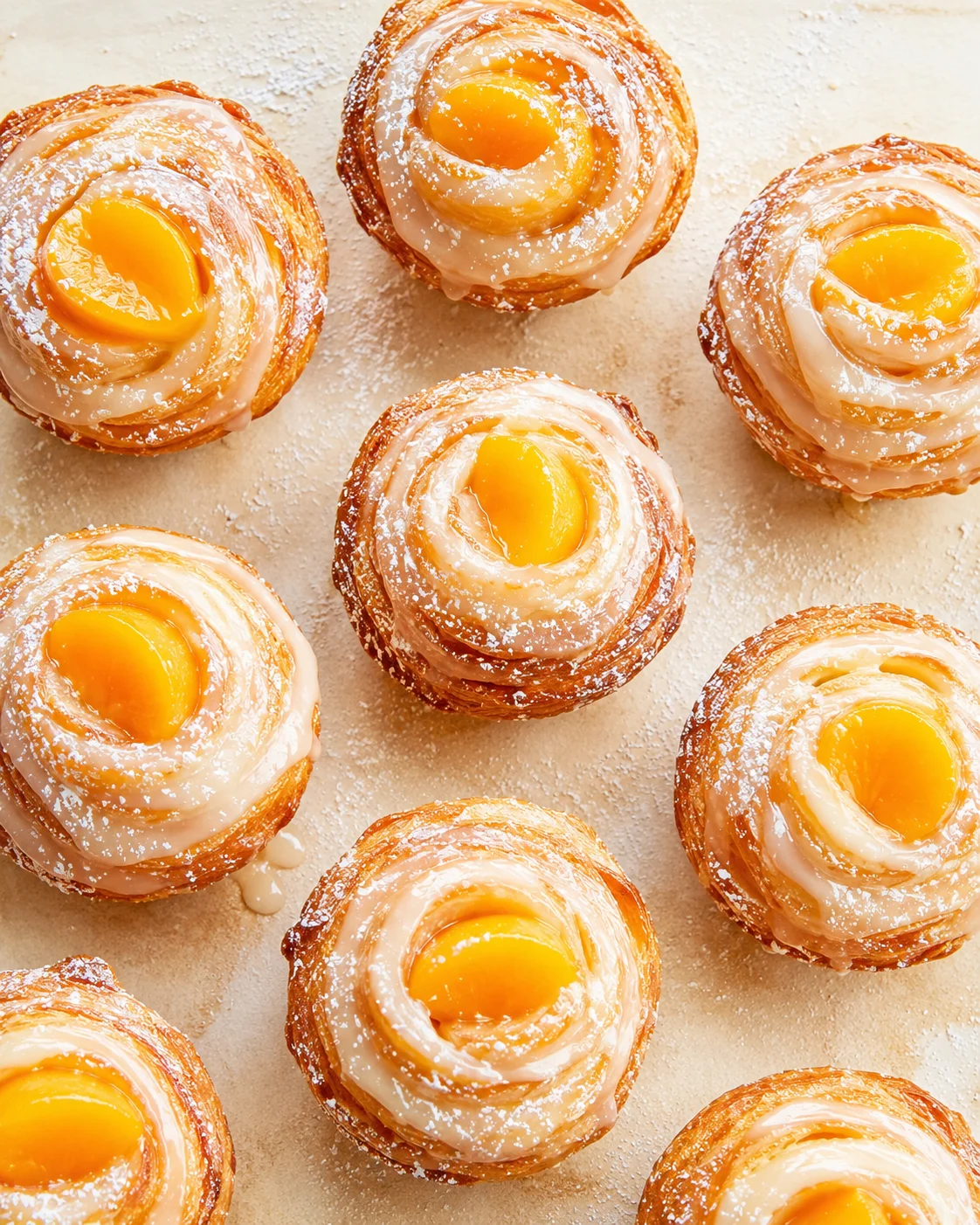 Top-down view of golden flaky palmiers with orange centers, lightly dusted with powdered sugar.