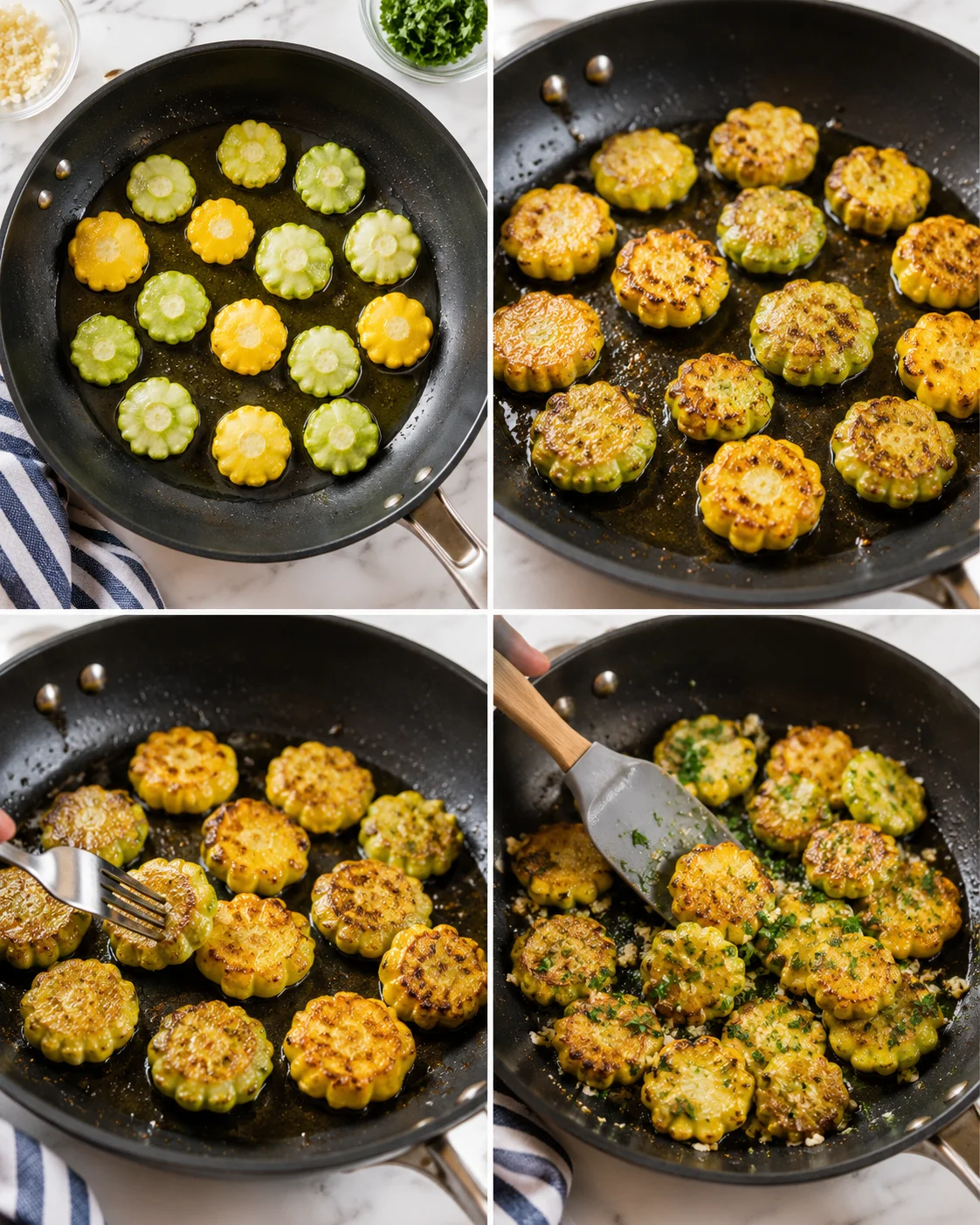 collage of four panels showing flower-shaped zucchini coins frying in a black skillet.
