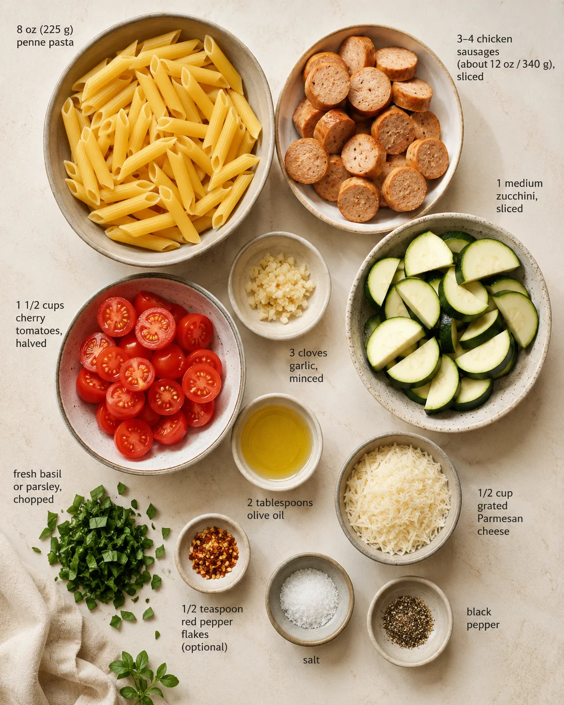 Overhead view of bowls with pasta, sausage, vegetables, garlic, and cheese labeled for recipe.