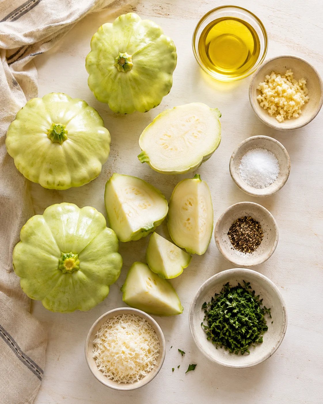 top-down flatlay of green pattypan squashes with oil, cheese, garlic, herbs, and spices