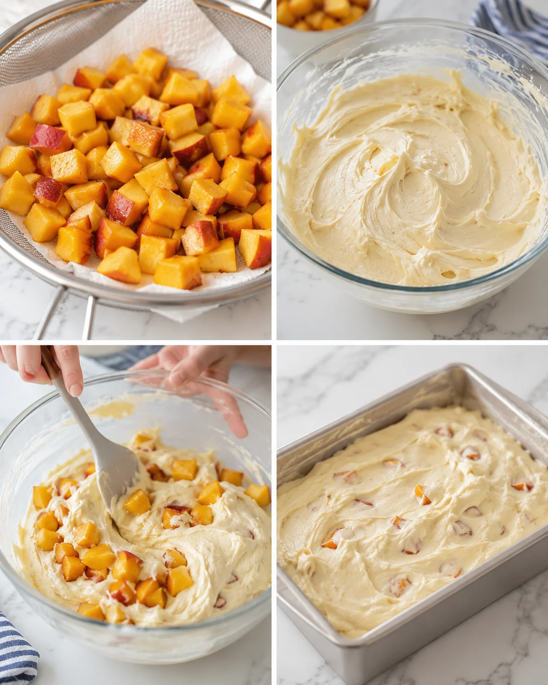 four-panel collage showing peaches, batter, folding peaches into batter, and batter in loaf pan