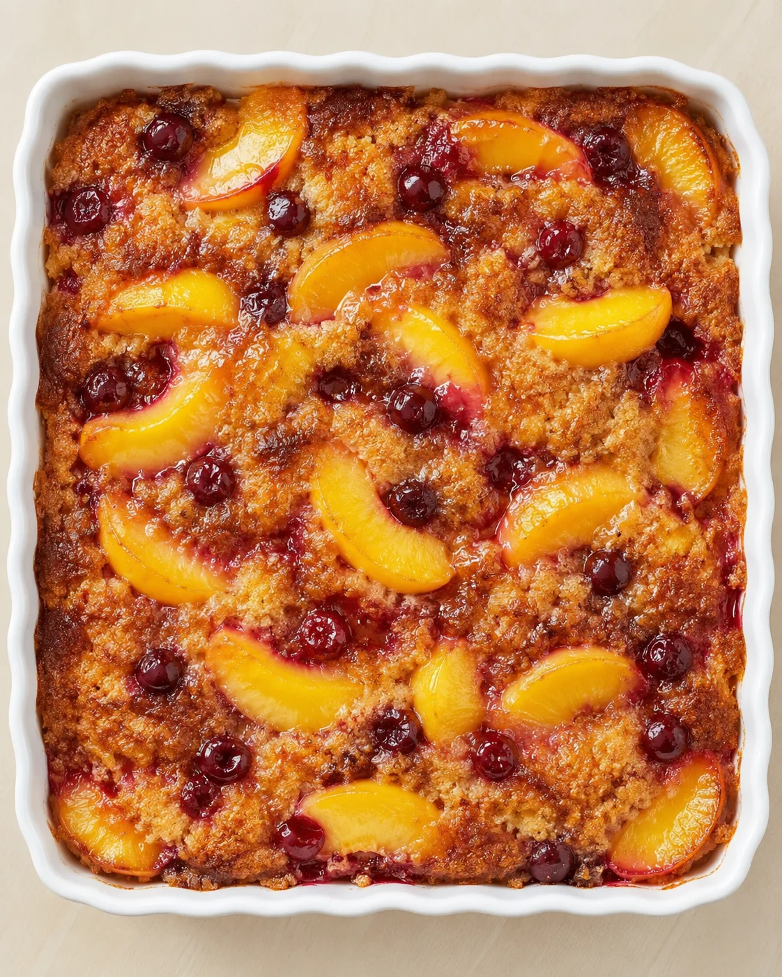 Overhead view of a peach-berry crumble in a white ceramic baking dish.
