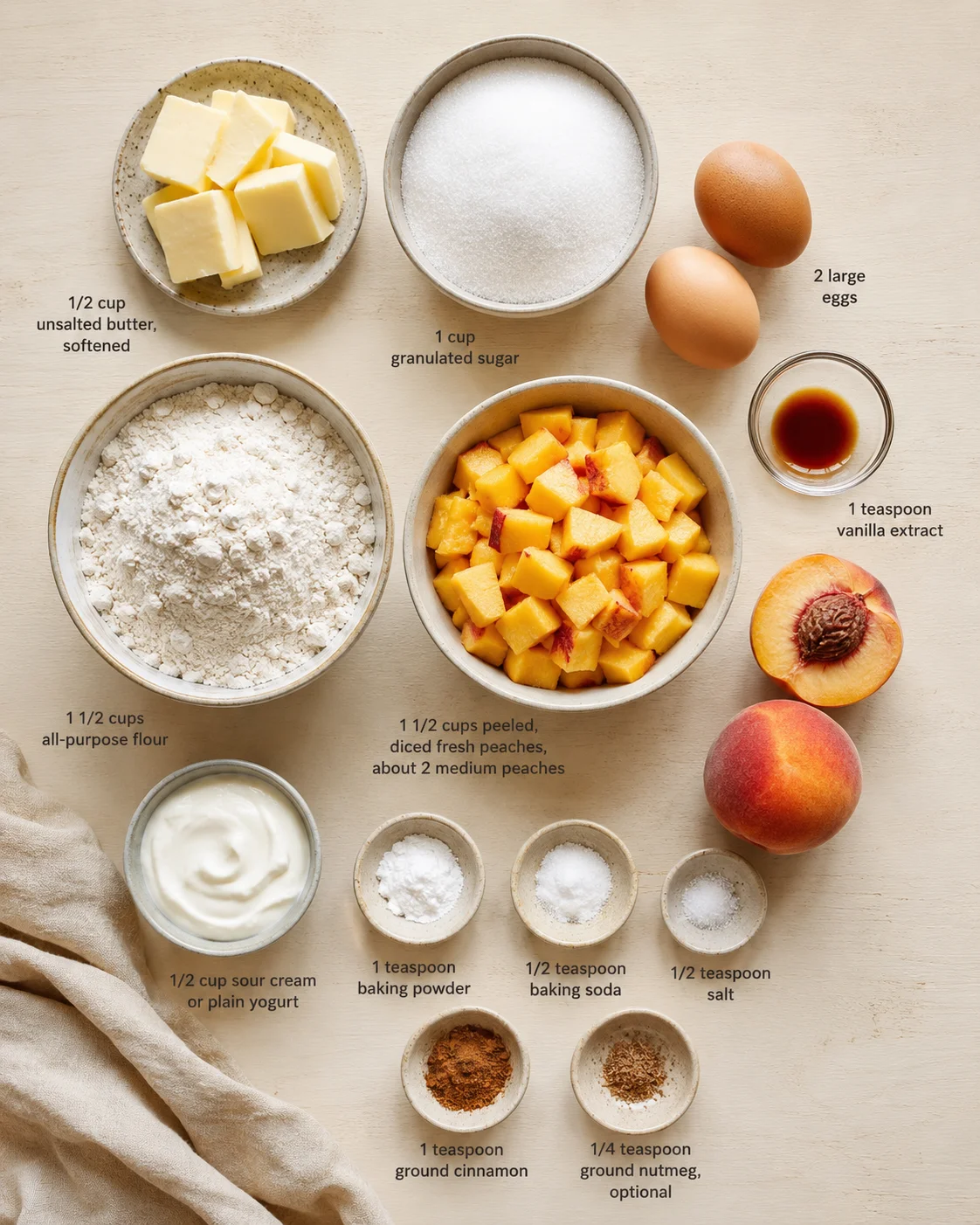 Overhead shot of peach cake ingredients arranged on a wooden surface with bowls of butter, sugar, flour, and peaches.
