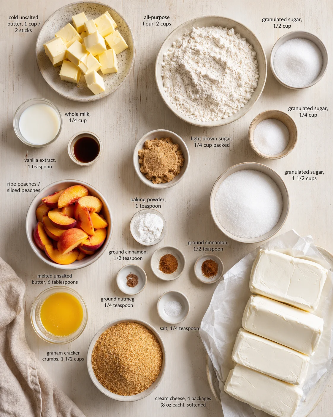 Top-down view of an organized ingredient layout for peach cheesecake bars on a light wooden surface.