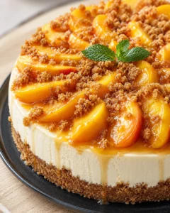 close-up of peach cheesecake with peach slices, crumble topping, and mint garnish