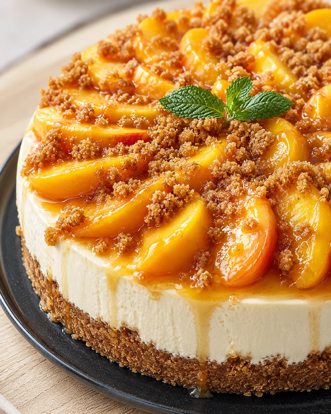 close-up of peach cheesecake with peach slices, crumble topping, and mint garnish