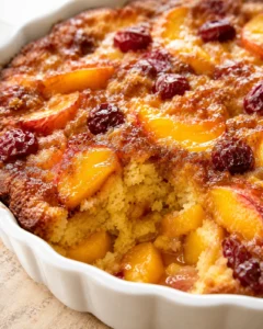close-up of peach cobbler with cranberries in a white ceramic baking dish