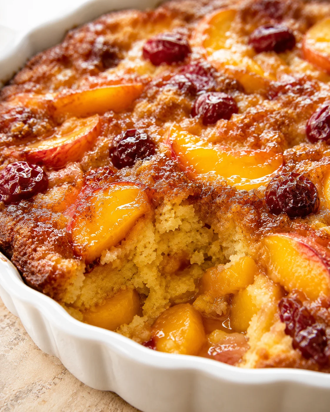 close-up of peach cobbler with cranberries in a white ceramic baking dish