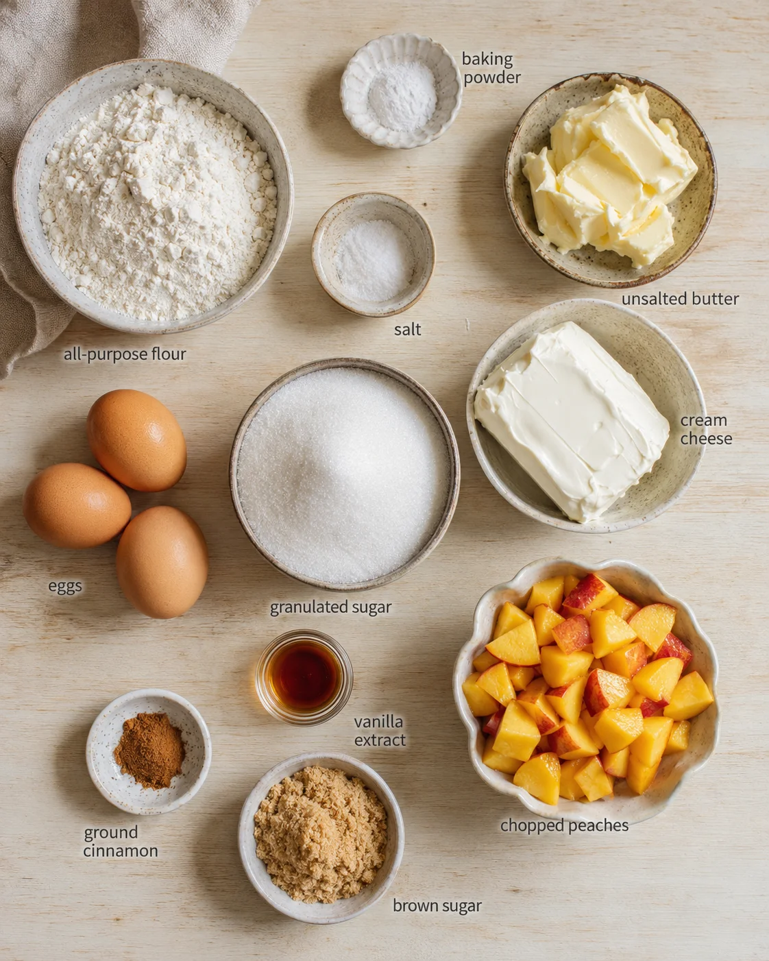 Top-down view of baking ingredients—flour, sugar, peaches, butter, cream cheese, eggs—on a light wood surface.