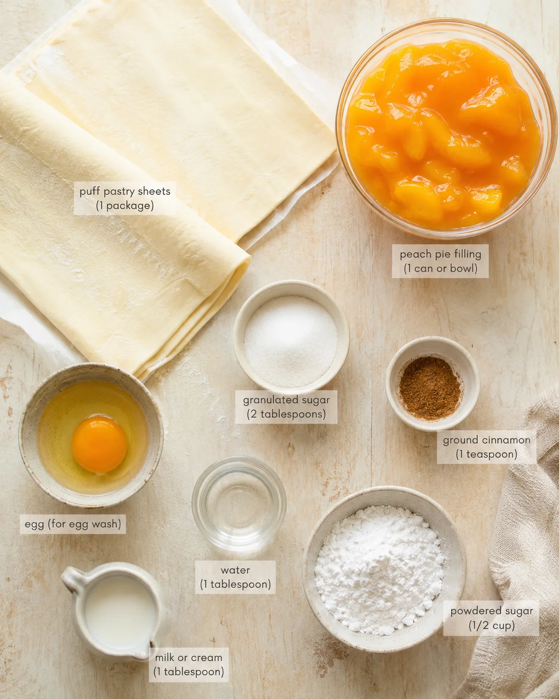 top-down view of puff-pastry sheets and peach pie filling with labeled ingredients on a light wooden surface