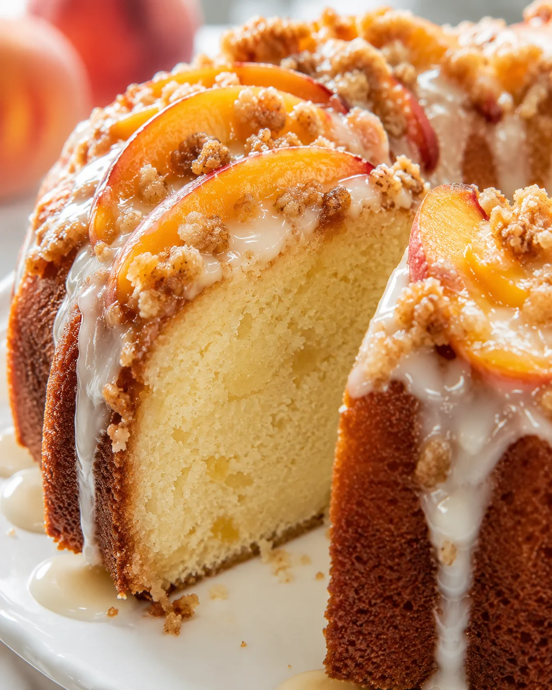 close-up of a peach-streusel bundt cake with glossy white glaze dripping down