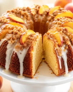 Close-up of a peach-streusel Bundt cake topped with peach slices and glaze dripping.